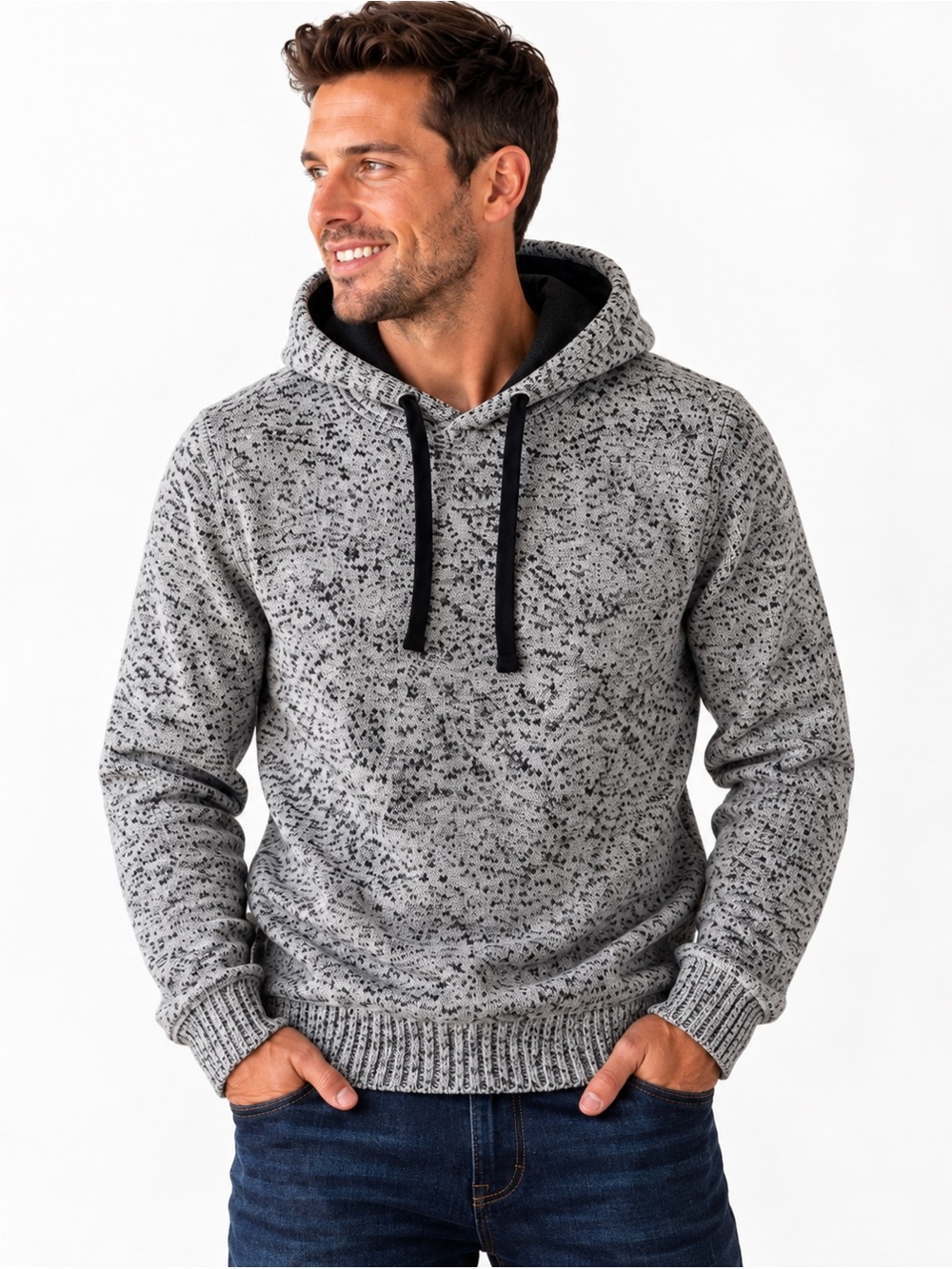 Fried Denim Men’s XL Marled Knit Pullover Hoodie Sweater Gray Black NWT